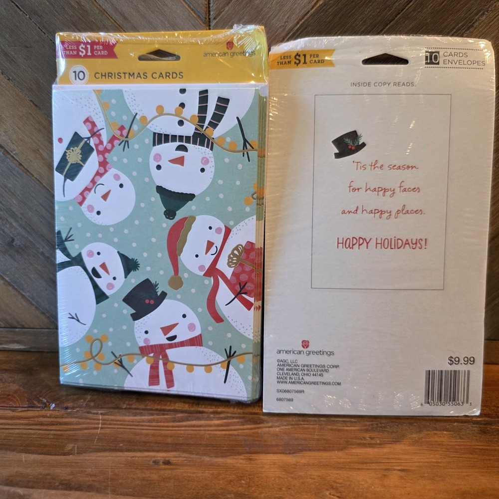 American Greetings 10 Christmas Cards & Envelopes Snowmen Gold Lot of 2